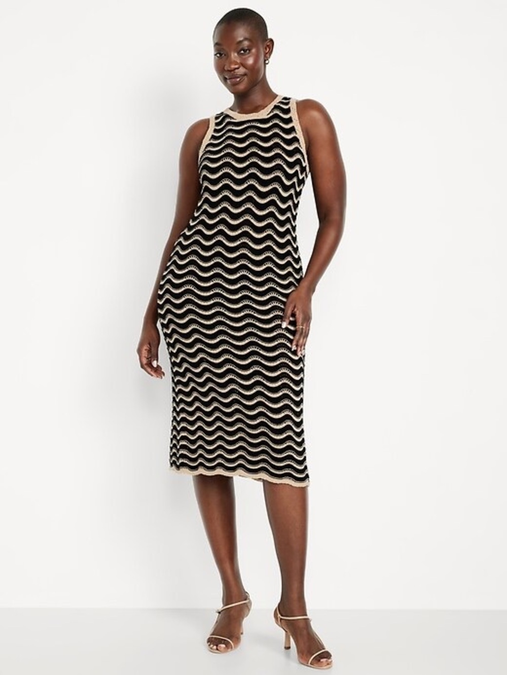 Old Navy Sleeveless Black and Tan Zigzag Pointelle-Knit Midi Dress Size XXL